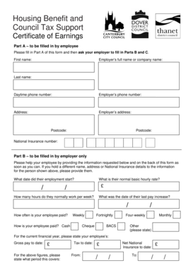 Housing Benefit Council Tax Support Certificate of Earnings