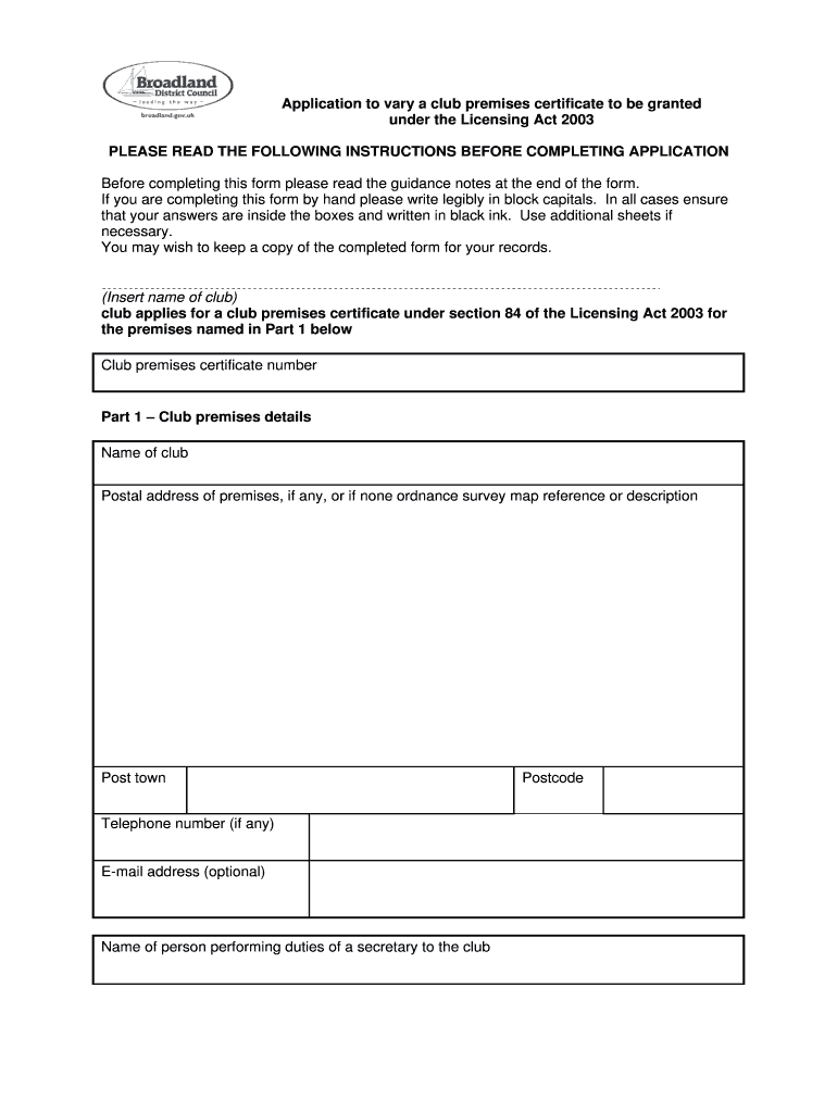 Application to vary a club premises certificate Preview on Page 1
