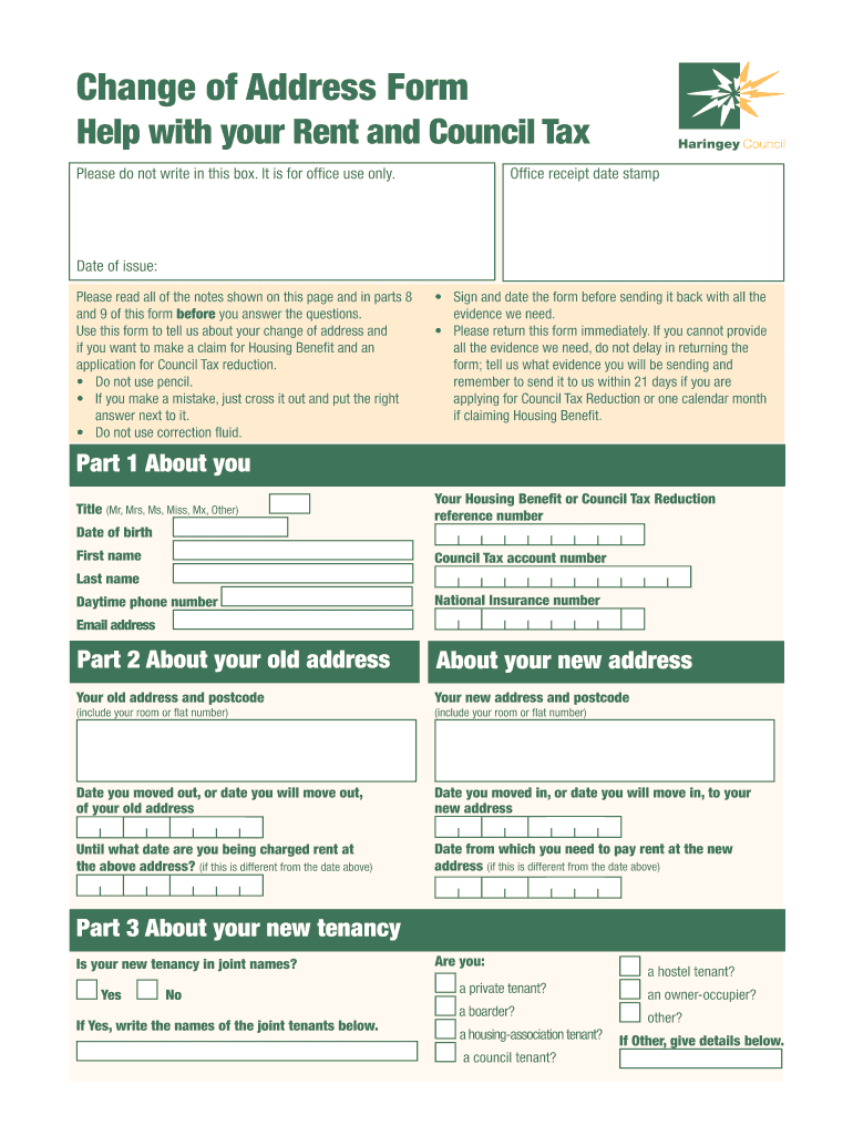 Change of Address Form Preview on Page 1