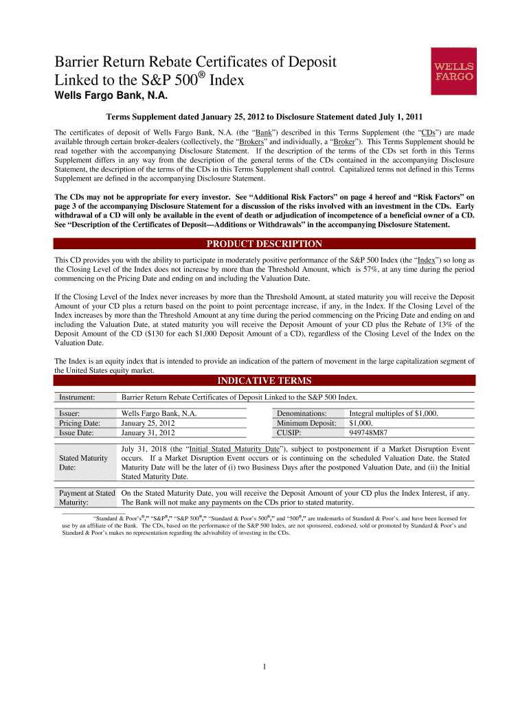 Terms Supplement dated January 25, 2012 to Disclosure Statement dated July 1, 2011 Preview on Page 1