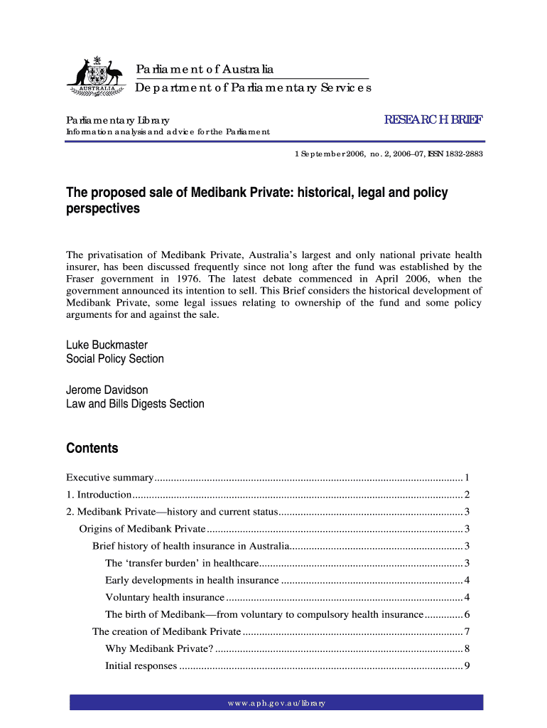 The proposed sale of Medibank Private: historical, legal and policy Preview on Page 1
