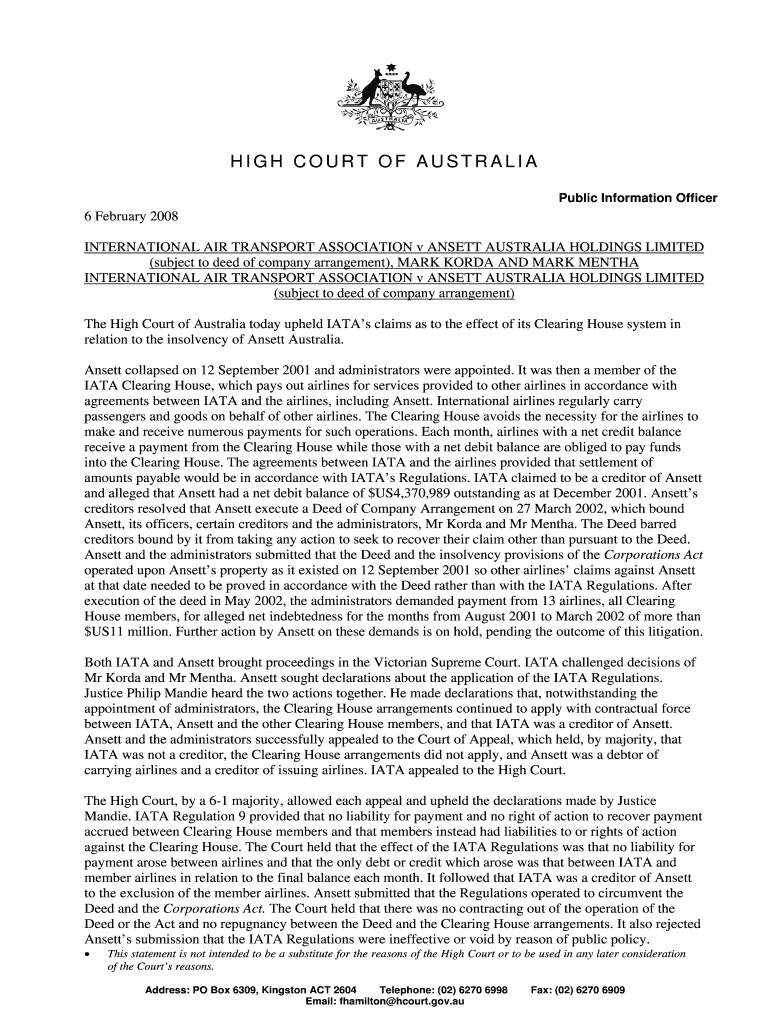 INTERNATIONAL AIR TRANSPORT ASSOCIATION v ANSETT AUSTRALIA HOLDINGS LIMITED Preview on Page 1