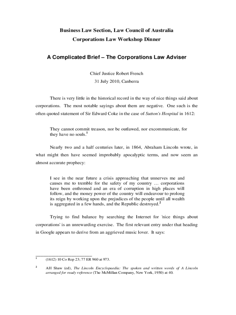 Business Law Section, Law Council of Australia Corporations Law Preview on Page 1