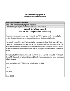 Model Work Health and Safety Regulations and Codes of Practice Public Comment Response Form Individual/Organisational name: Severine Thomas Section A: Model Work Health and Safety Regulations Exposure General Comments (e