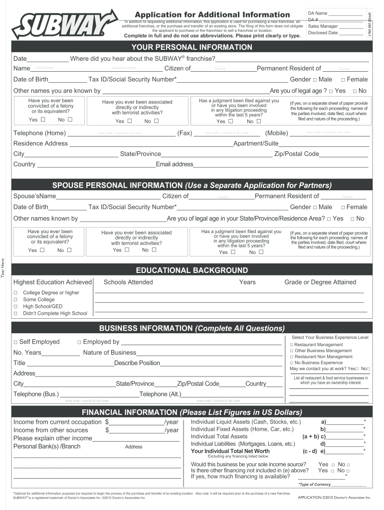 Subway Application Form Fill Online Printable Fillable Blank Pdffiller