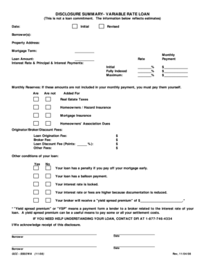 Variable Rate Loan Disclosure Summary