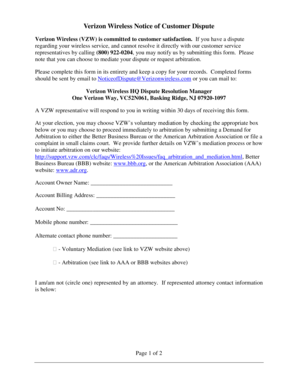 Verizon Wireless Customer Dispute Form