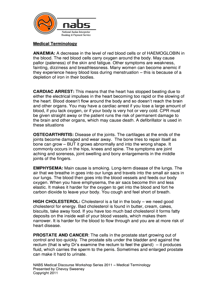 Fillable Online nabs org Medical Terminology ANAEMIA A decrease in the