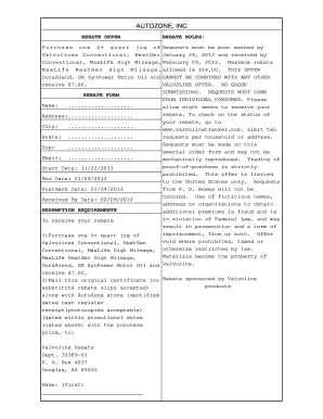 P u r c h a s e o n e 5 + q u a r t j u g o f Requests must be post marked by Valvolines Conventional, NextGen January 24, 2012 and received by Conventional, MaxLife High Mileage, February 09, 2012 - econtent autozone