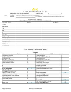 First Advantage Bank Personal Financial Statement