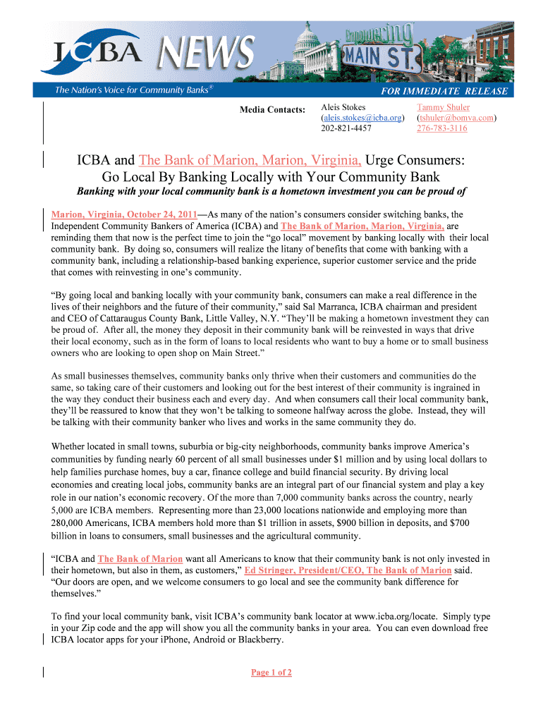 ICBA and The Bank of Marion, Marion, Virginia, Urge Consumers Preview on Page 1