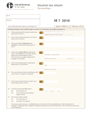 New Zealand Partnership Income Tax Return IR7 2010