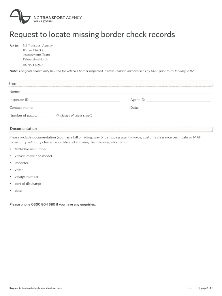 Request to locate missing border check records - the NZTA Vehicle Preview on Page 1