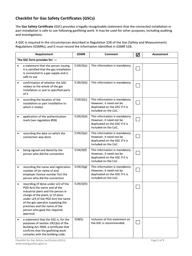 Checklist for Gas Safety Certificates (GSCs) Preview on Page 1