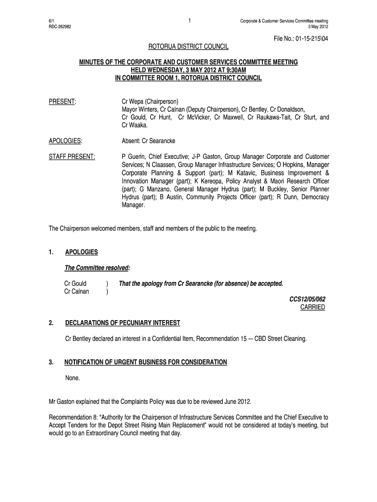 APOLOGIES: Absent: Cr Searancke STAFF Preview on Page 1