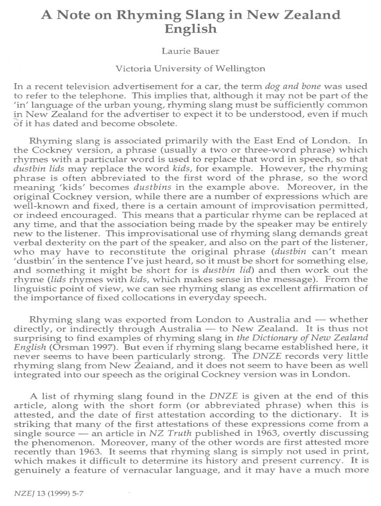 Fillable Online A Note on Rhyming Slang in New Zealand Fax Email Print