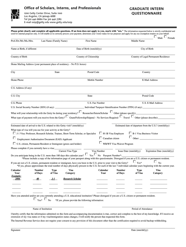 Graduate Intern Questionnaire Preview on Page 1