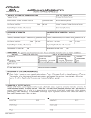 Arizona Form 285A Audit Disclosure Authorization