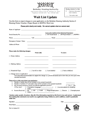 Berkeley Housing Authority Wait List Update Form