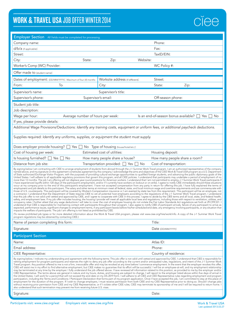 ciee job offer form summer 2020 Preview on Page 1