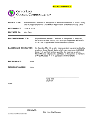 Certificate of appreciation template - 06-18-08_D-03a.pdf. Presentation of Certificate of Recognition to AFSCME Local #146 in appreciation for alley cleanup efforts - lodi