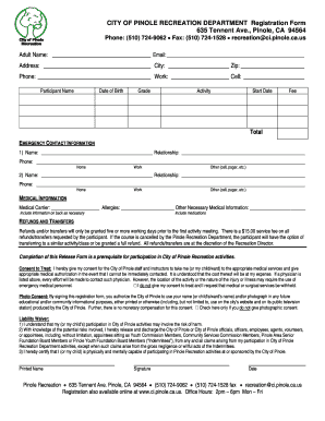 City of Pinole Recreation Activity Registration Form