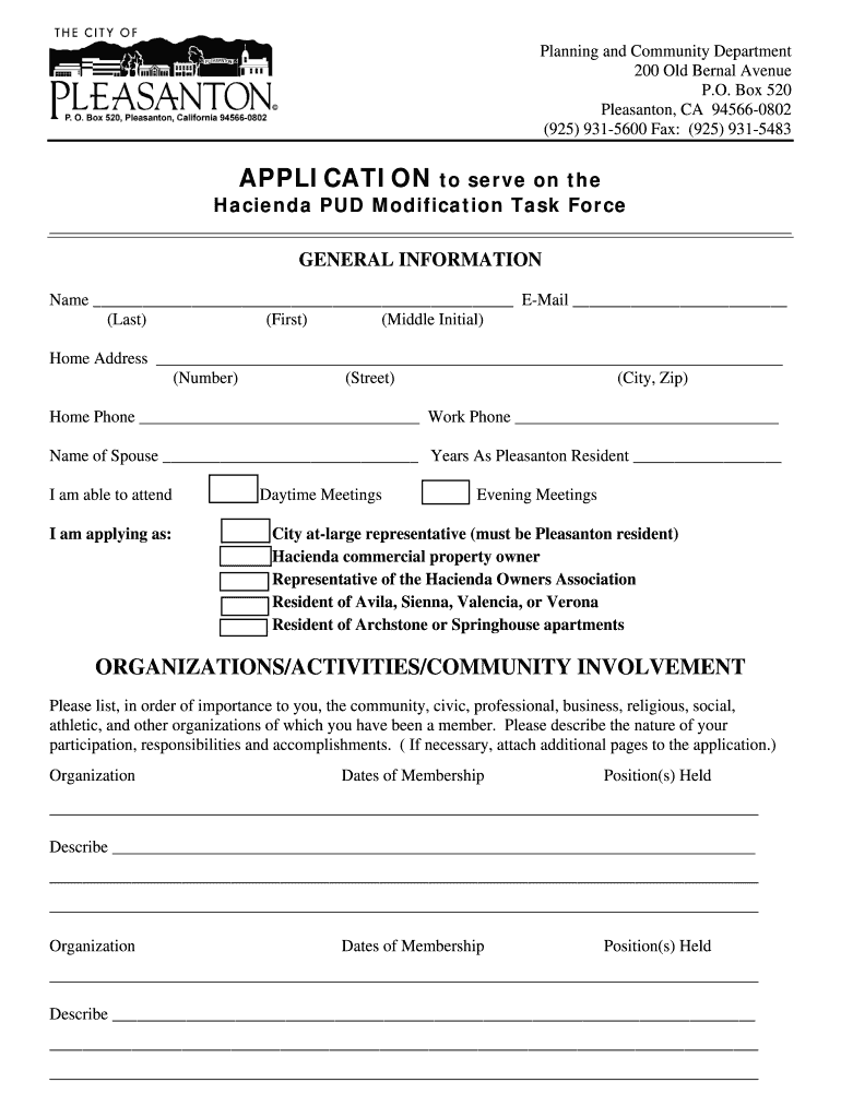 Hacienda PUD Modification Task Force Application Preview on Page 1
