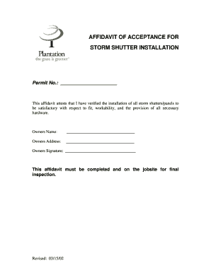Affidavit of Acceptance for Storm Shutter Installation