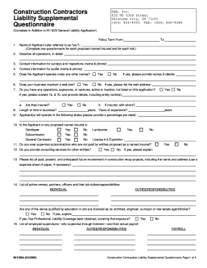 Construction Contractors Liability Supplemental Questionnaire