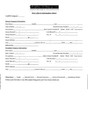 New Client Information Sheet for Tax Preparation