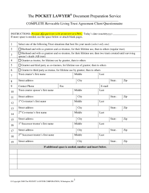 Revocable Living Trust Agreement Questionnaire