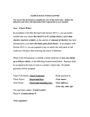 10 Day Notice Letter for Dishonored Checks