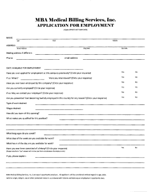 MBA Medical Billing Services Employment Application