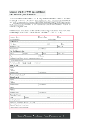 Missing Children With Special Needs Questionnaire