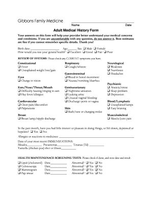 Adult Medical History Form