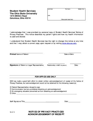 Student Health Services Privacy Practices Acknowledgement