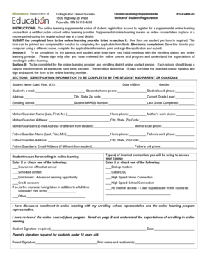 Online Learning Supplemental Notice of Student Registration