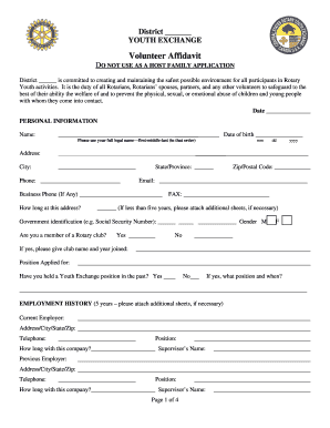 Rotary Youth Exchange Volunteer Affidavit