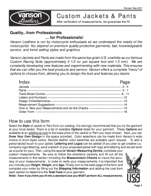 Vanson Custom Jackets & Pants Order Form