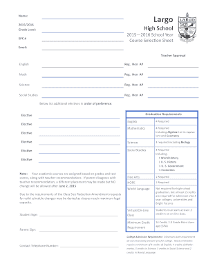 High School Course Selection Sheet