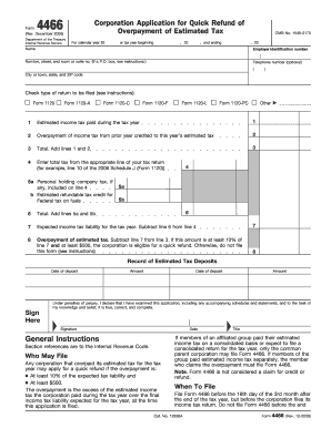 Corporation Application for Quick Refund of Form 4466