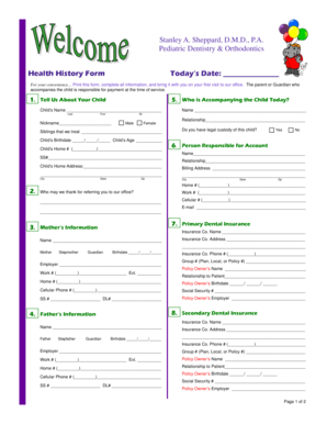 Pediatric Dentistry Health History Form