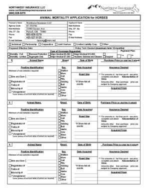 Animal Mortality Insurance Application for Horses