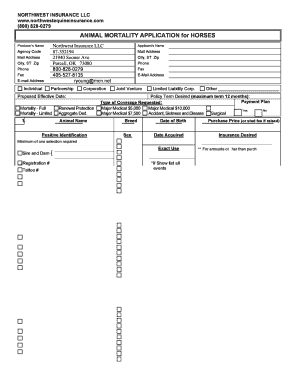 Animal Mortality Insurance Application for Horses