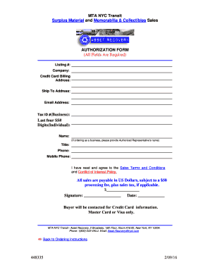 MTA NYC Transit Surplus Material Authorization Form
