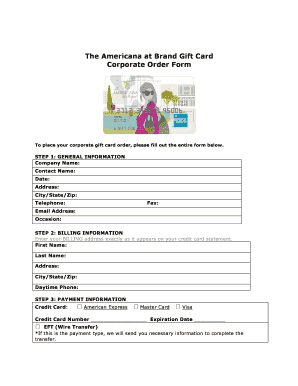 Americana at Brand Corporate Gift Card Order Form