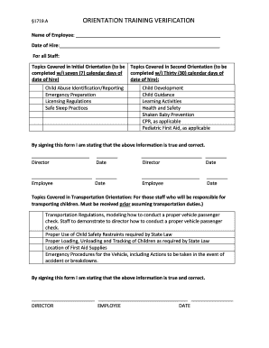 Orientation Training Verification Form