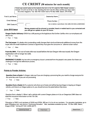 Oregon Dealer CE Credit Form