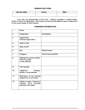 Nomination Form for Training Program