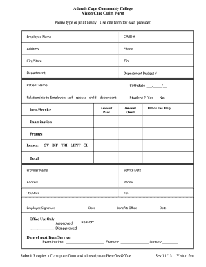 Atlantic Cape Community College Vision Care Claim Form